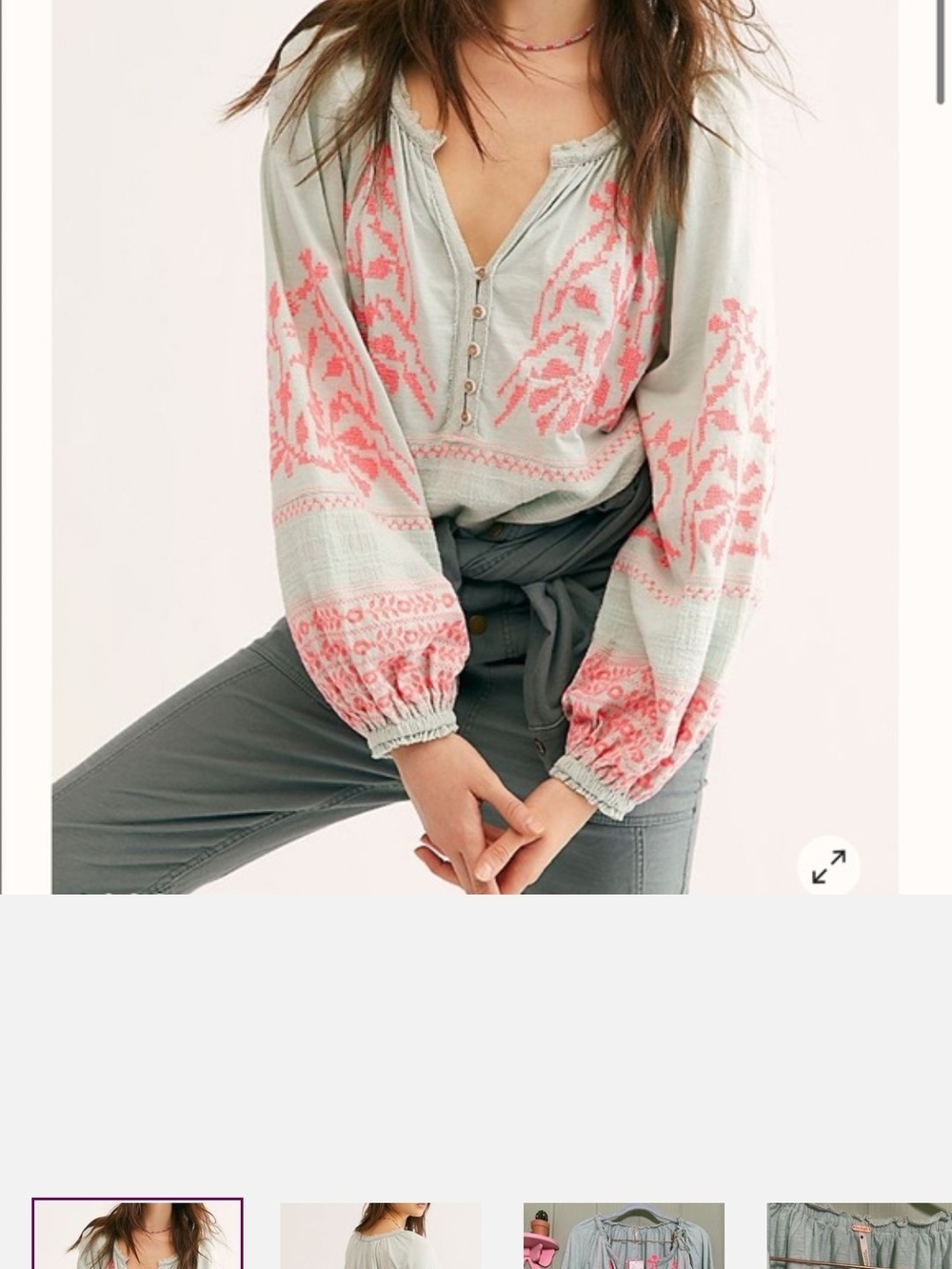 Free People Mint Tunic with Coral Embroidery